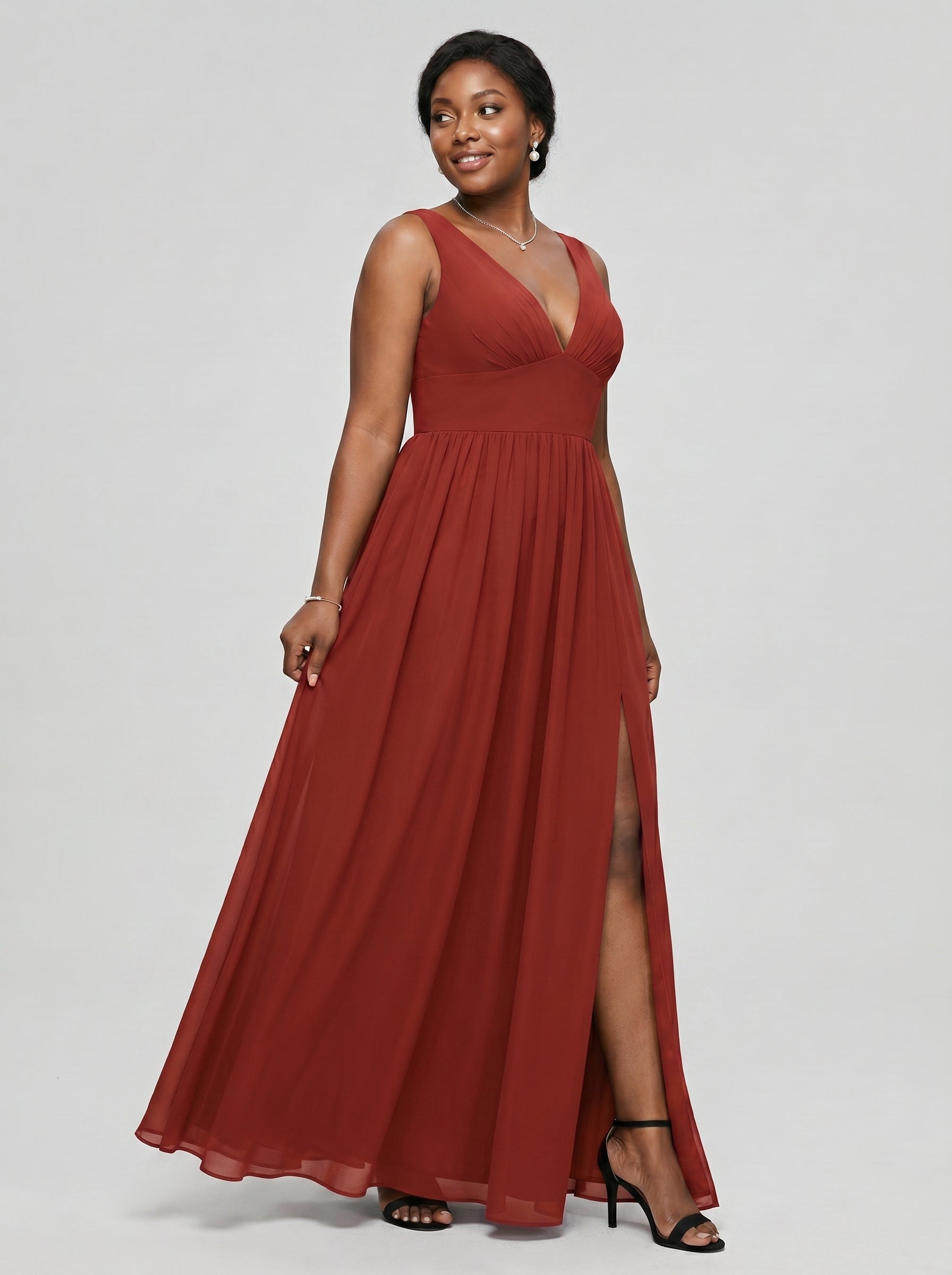 Sexy Rust Chiffon A-Line V-Neck V-Back with Pleated Ankle-Length Bridesmaid Dress