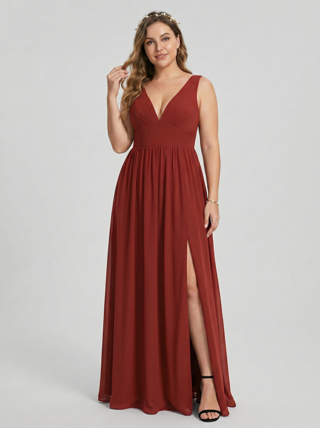 Sexy Rust Chiffon A-Line V-Neck V-Back with Pleated Ankle-Length Bridesmaid Dress