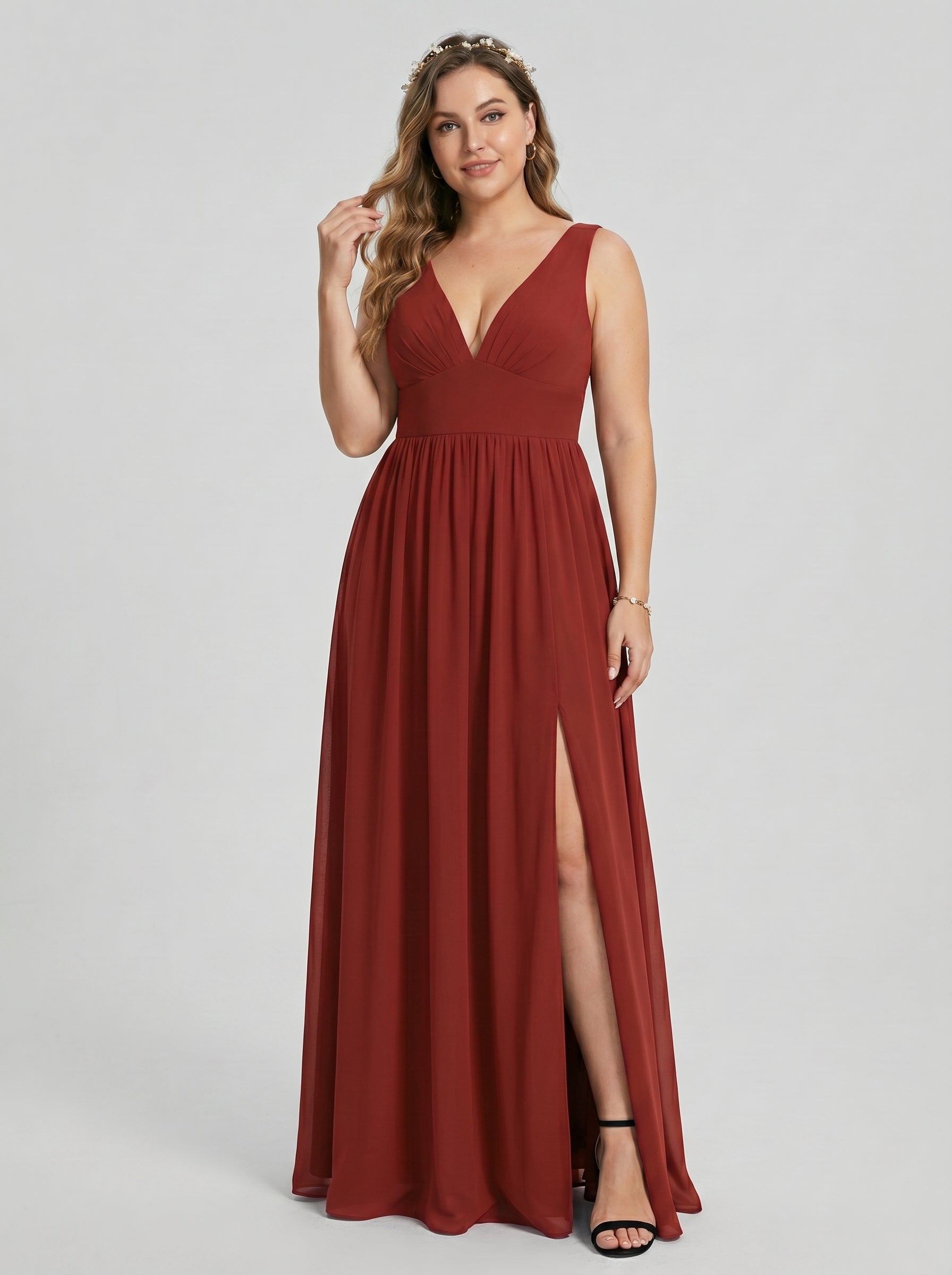 Sexy Rust Chiffon A-Line V-Neck V-Back with Pleated Ankle-Length Bridesmaid Dress
