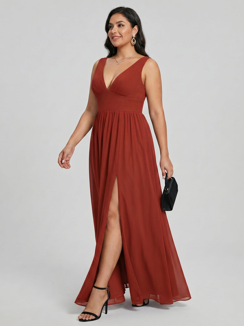 Sexy Rust Chiffon A-Line V-Neck V-Back with Pleated Ankle-Length Bridesmaid Dress