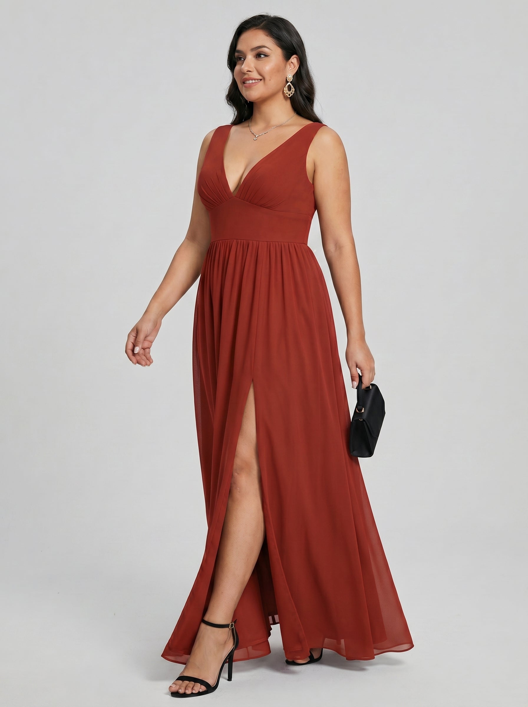 Sexy Rust Chiffon A-Line V-Neck V-Back with Pleated Ankle-Length Bridesmaid Dress