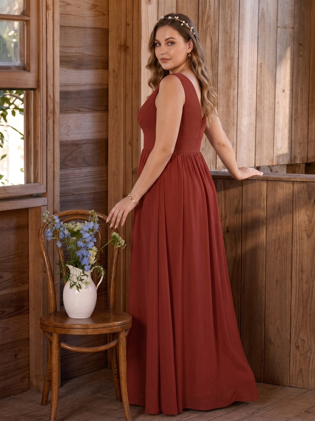 Sexy Rust Chiffon A-Line V-Neck V-Back with Pleated Ankle-Length Bridesmaid Dress