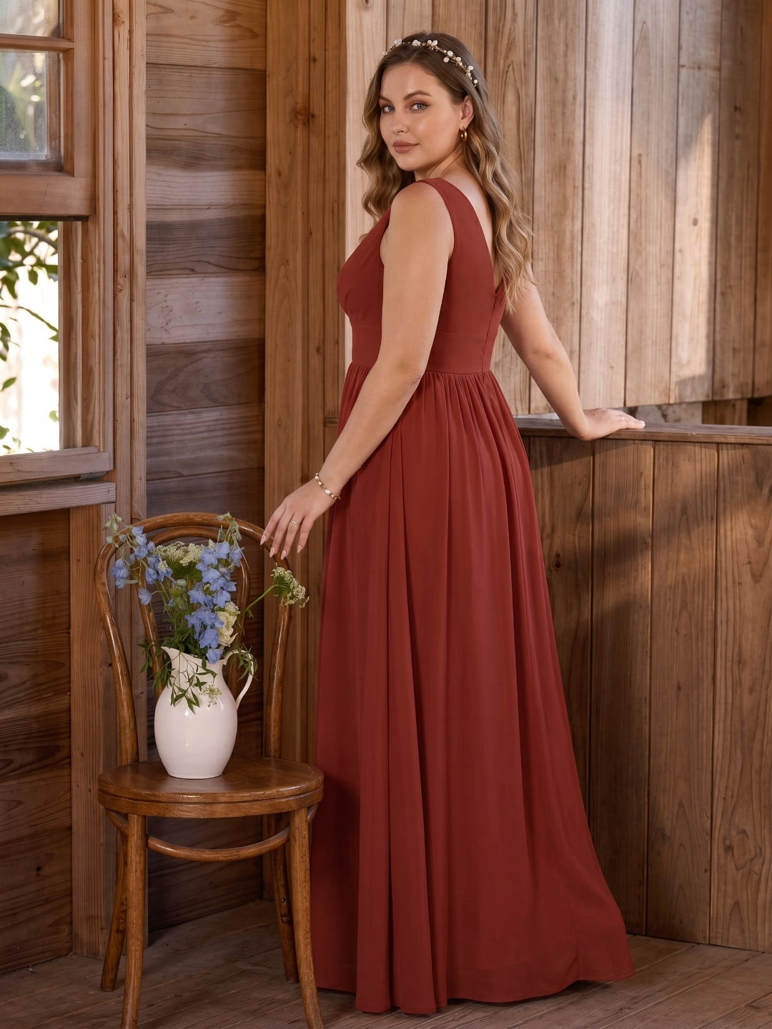 Sexy Rust Chiffon A-Line V-Neck V-Back with Pleated Ankle-Length Bridesmaid Dress