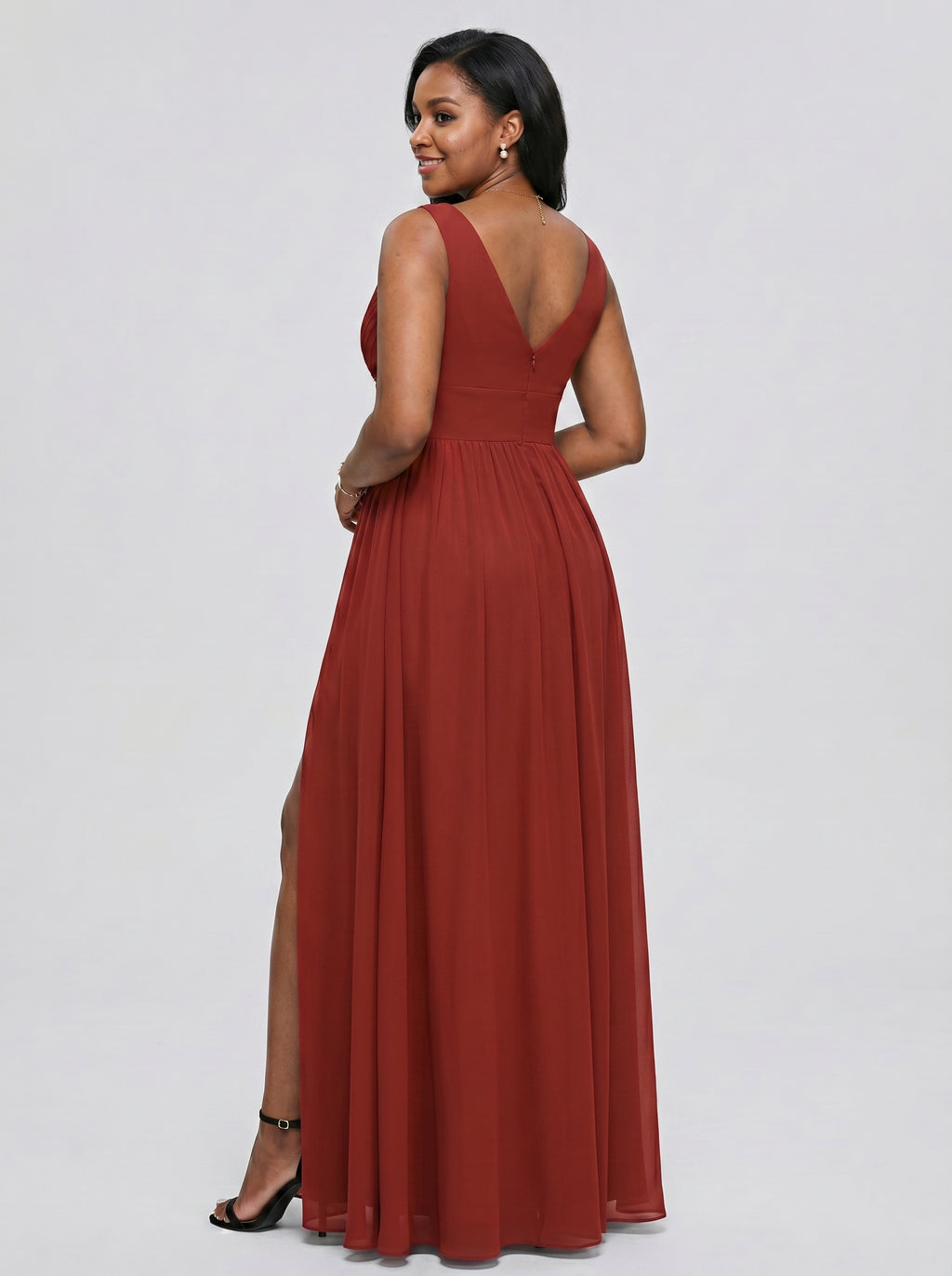 Sexy Rust Chiffon A-Line V-Neck V-Back with Pleated Ankle-Length Bridesmaid Dress