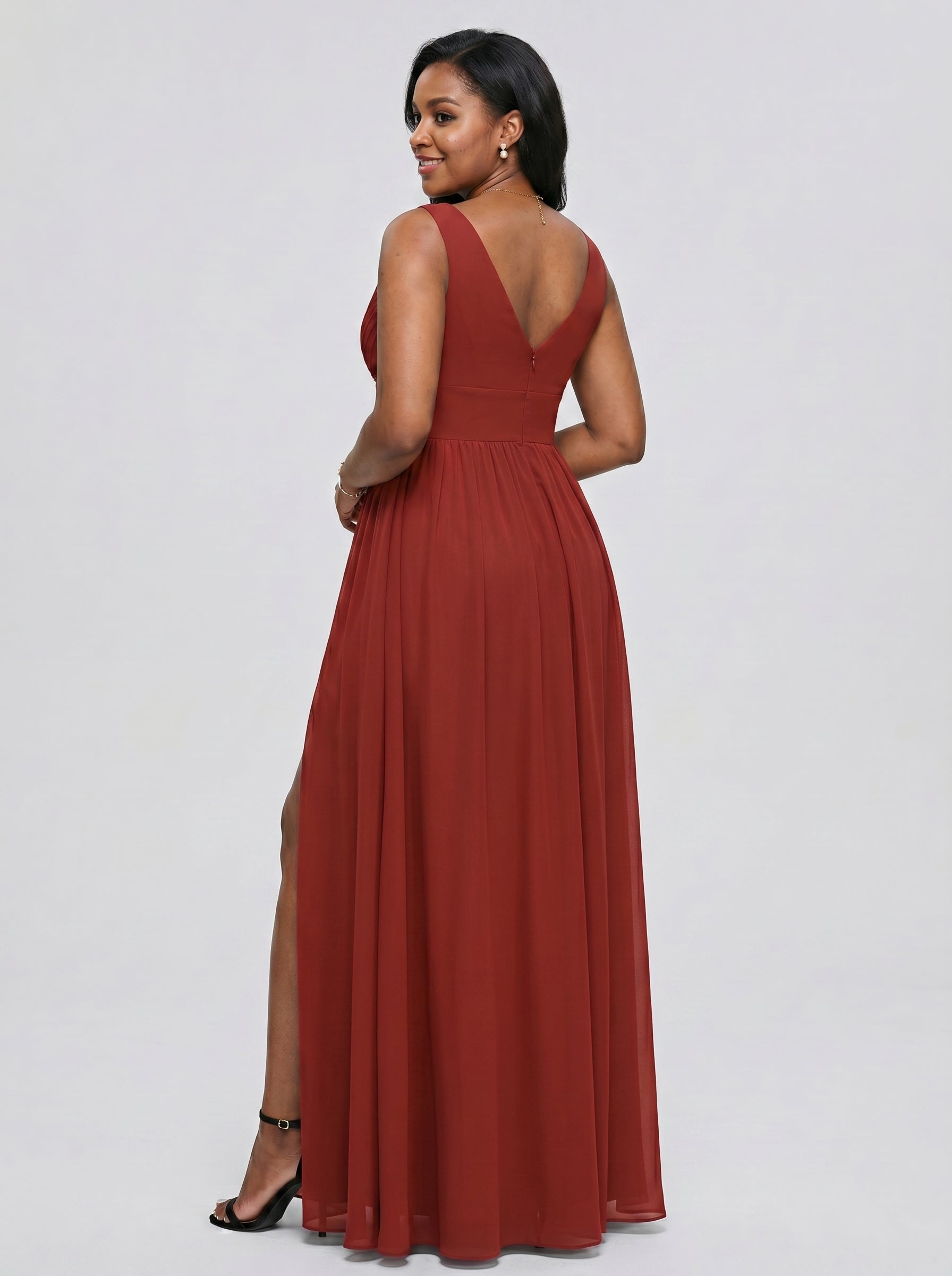 Sexy Rust Chiffon A-Line V-Neck V-Back with Pleated Ankle-Length Bridesmaid Dress
