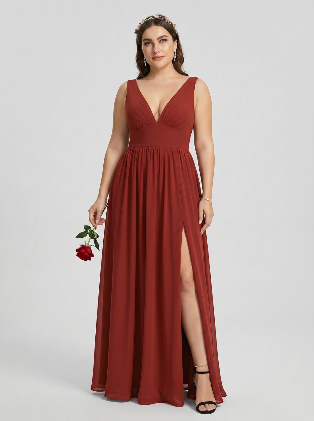 Sexy Rust Chiffon A-Line V-Neck V-Back with Pleated Ankle-Length Bridesmaid Dress