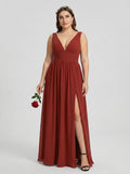 Sexy Rust Chiffon A-Line V-Neck V-Back with Pleated Ankle-Length Bridesmaid Dress