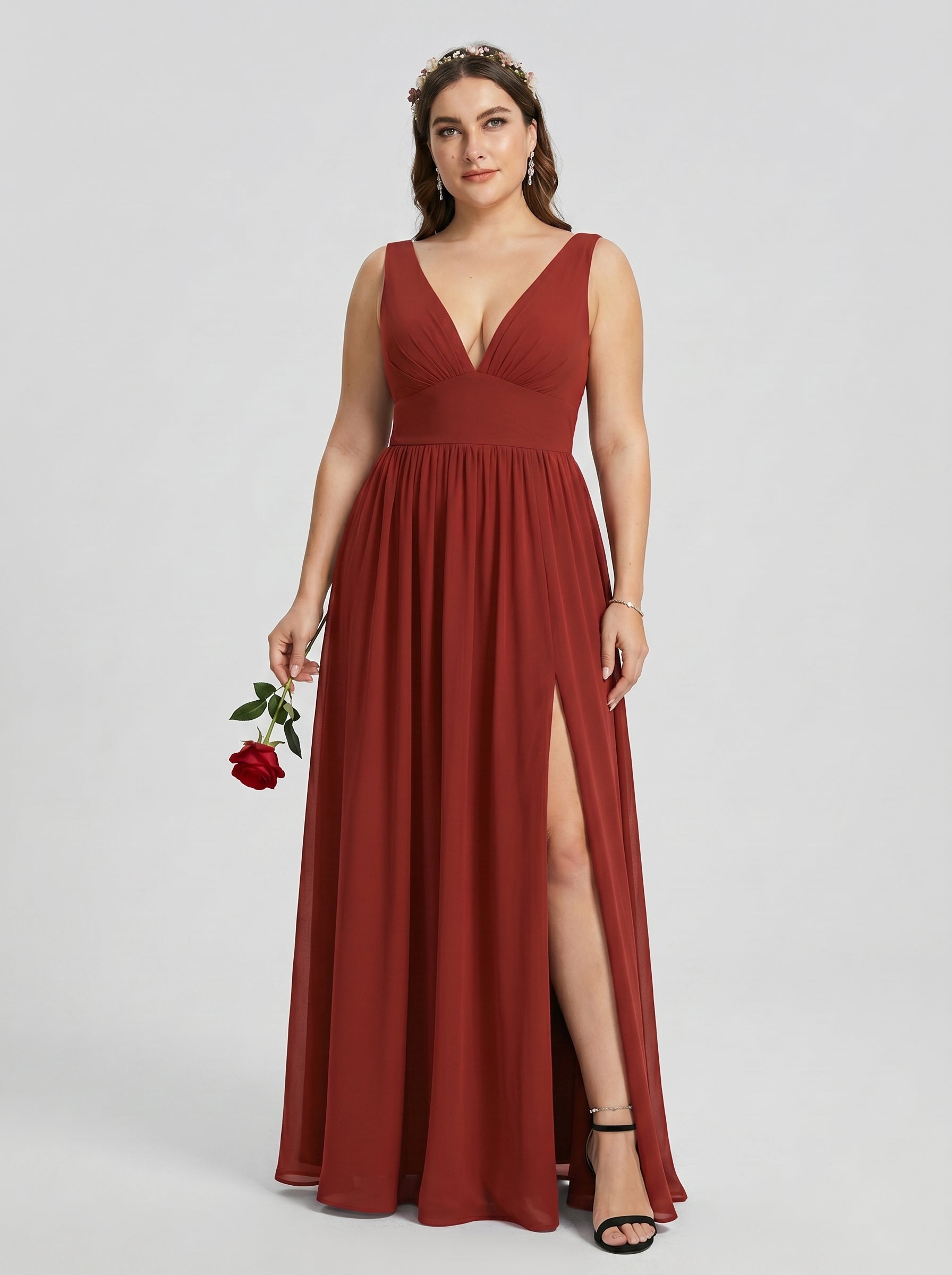 Sexy Rust Chiffon A-Line V-Neck V-Back with Pleated Ankle-Length Bridesmaid Dress