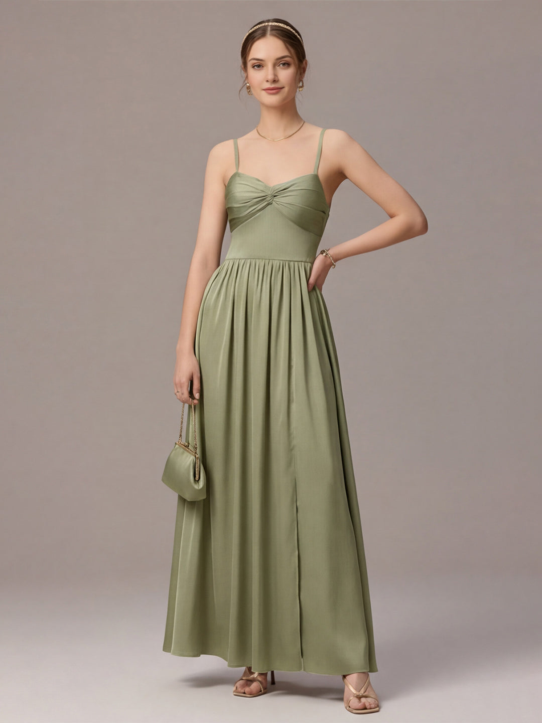 Sexy Sage Green Satin A-Line Straight Neck Lace-up Ankle-Length Bridesmaid Dress