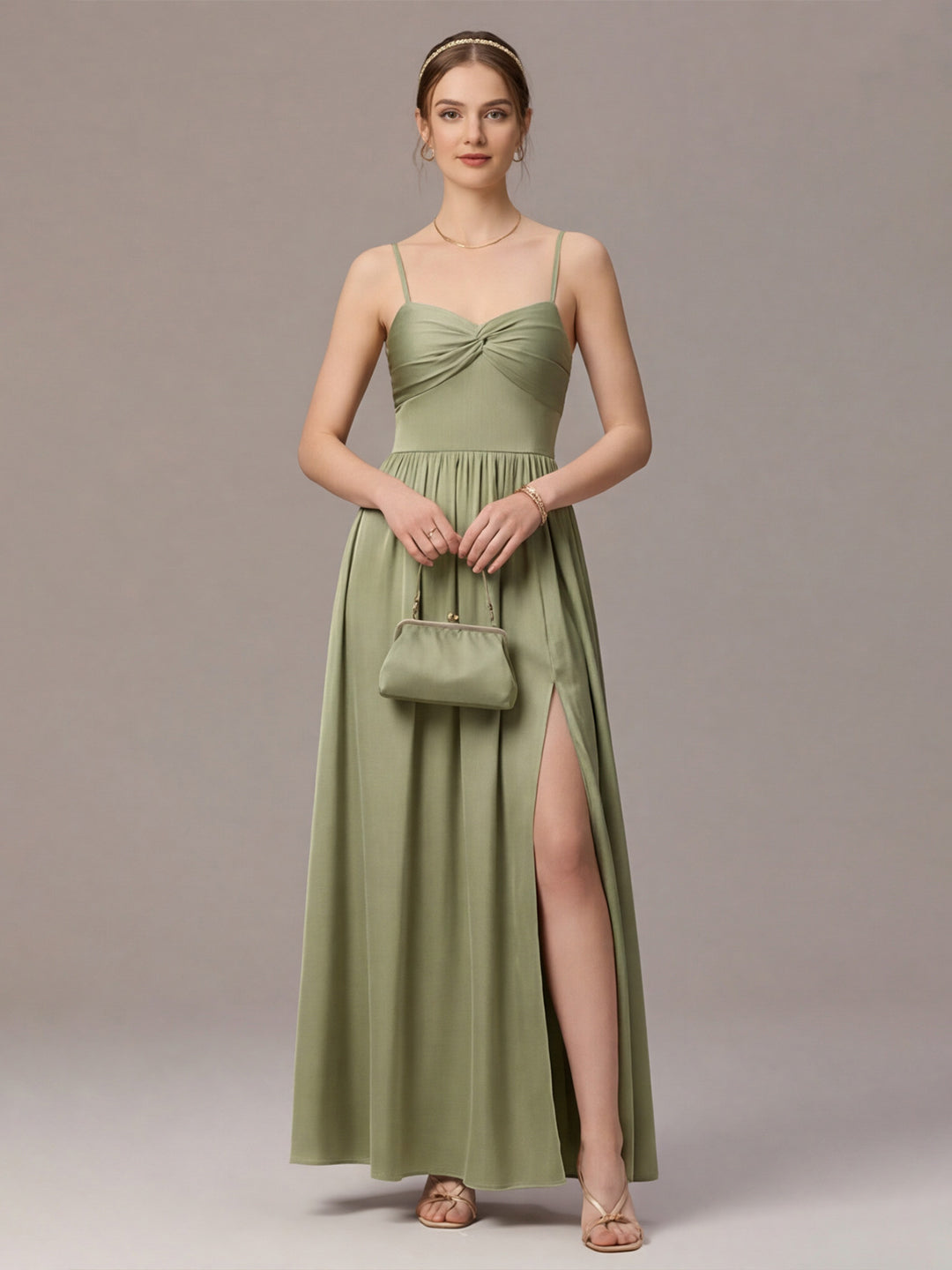 Sexy Sage Green Satin A-Line Straight Neck Lace-up Ankle-Length Bridesmaid Dress