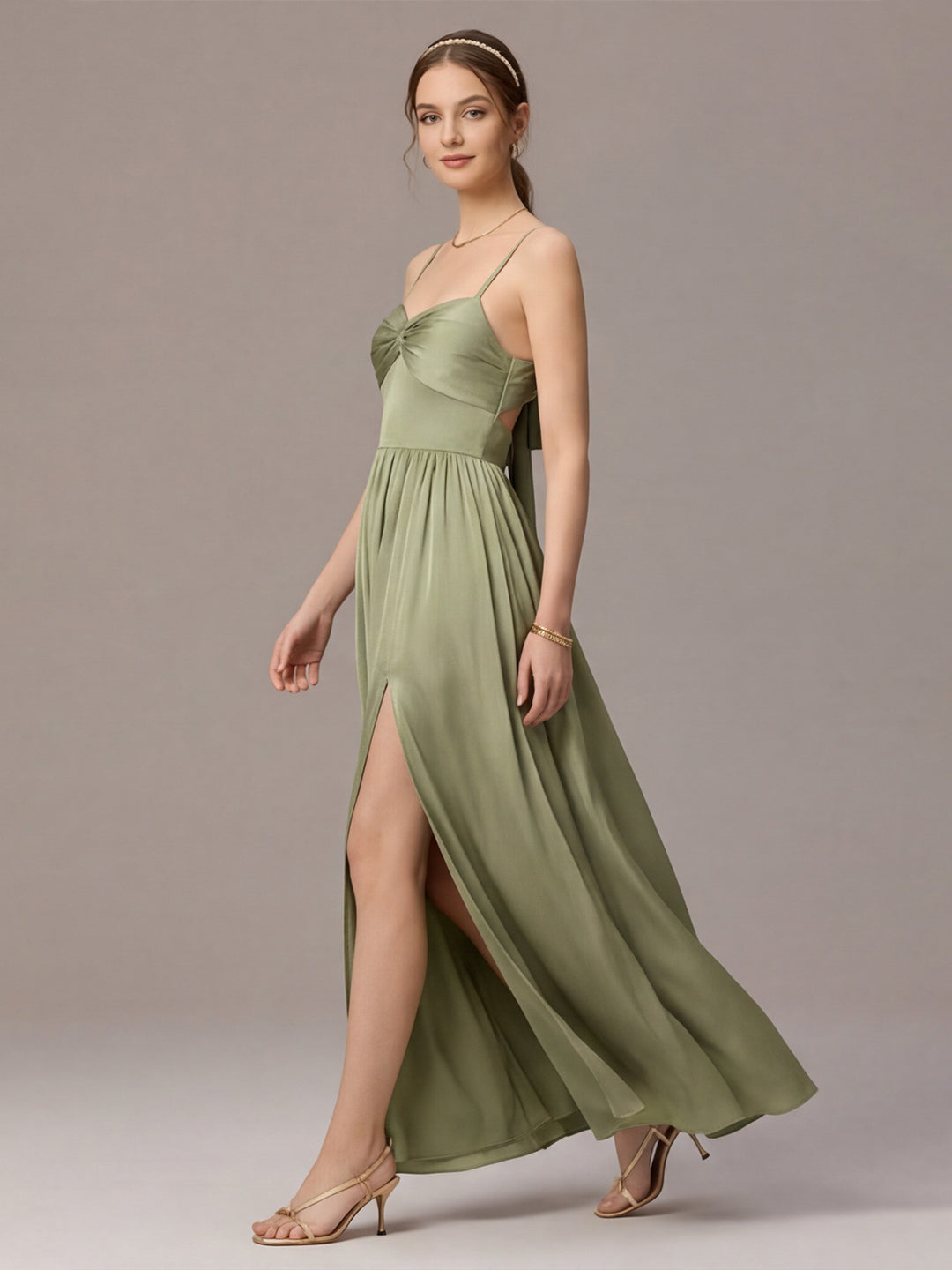 Sexy Sage Green Satin A-Line Straight Neck Lace-up Ankle-Length Bridesmaid Dress