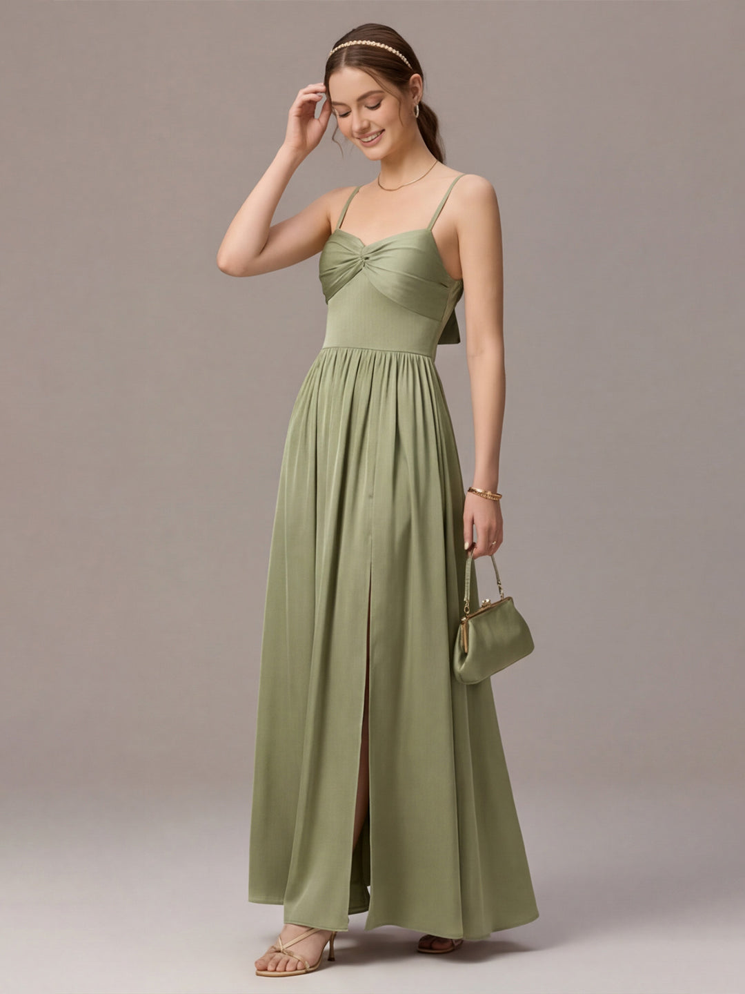 Sexy Sage Green Satin A-Line Straight Neck Lace-up Ankle-Length Bridesmaid Dress