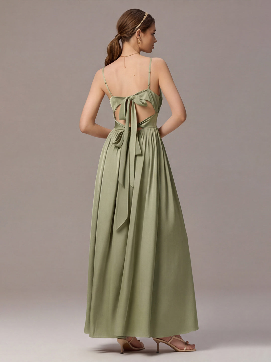 Sexy Sage Green Satin A-Line Straight Neck Lace-up Ankle-Length Bridesmaid Dress