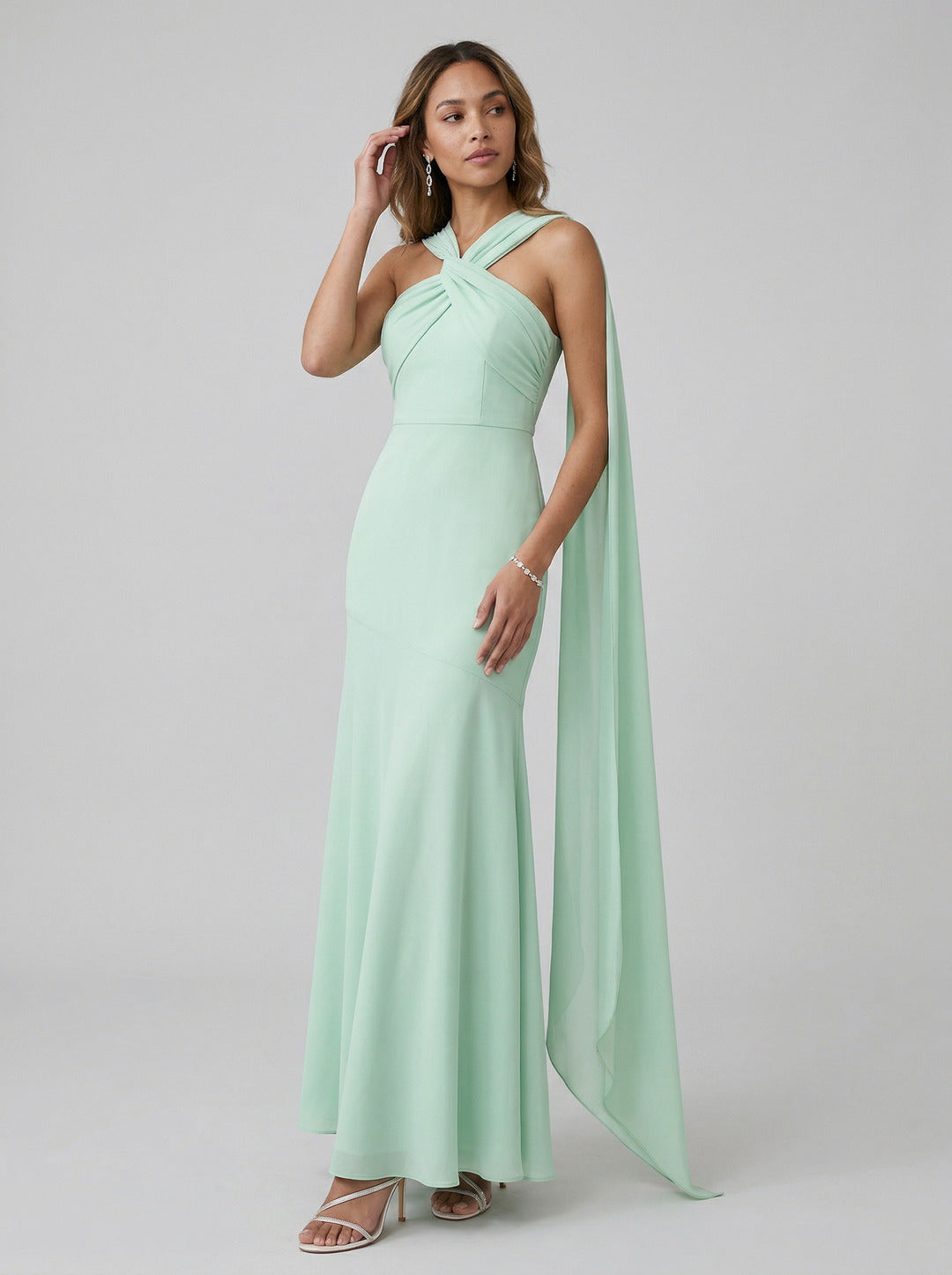 Sexy Mint Green Matte Satin Column Halter Neck Side Zip Ankle-Length Bridesmaid Dress