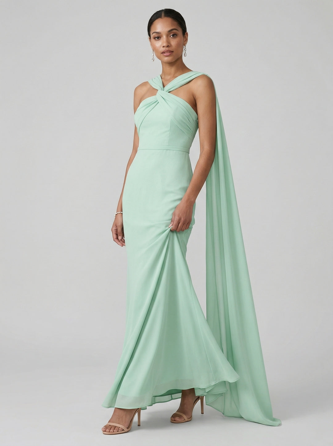 Sexy Mint Green Matte Satin Column Halter Neck Side Zip Ankle-Length Bridesmaid Dress