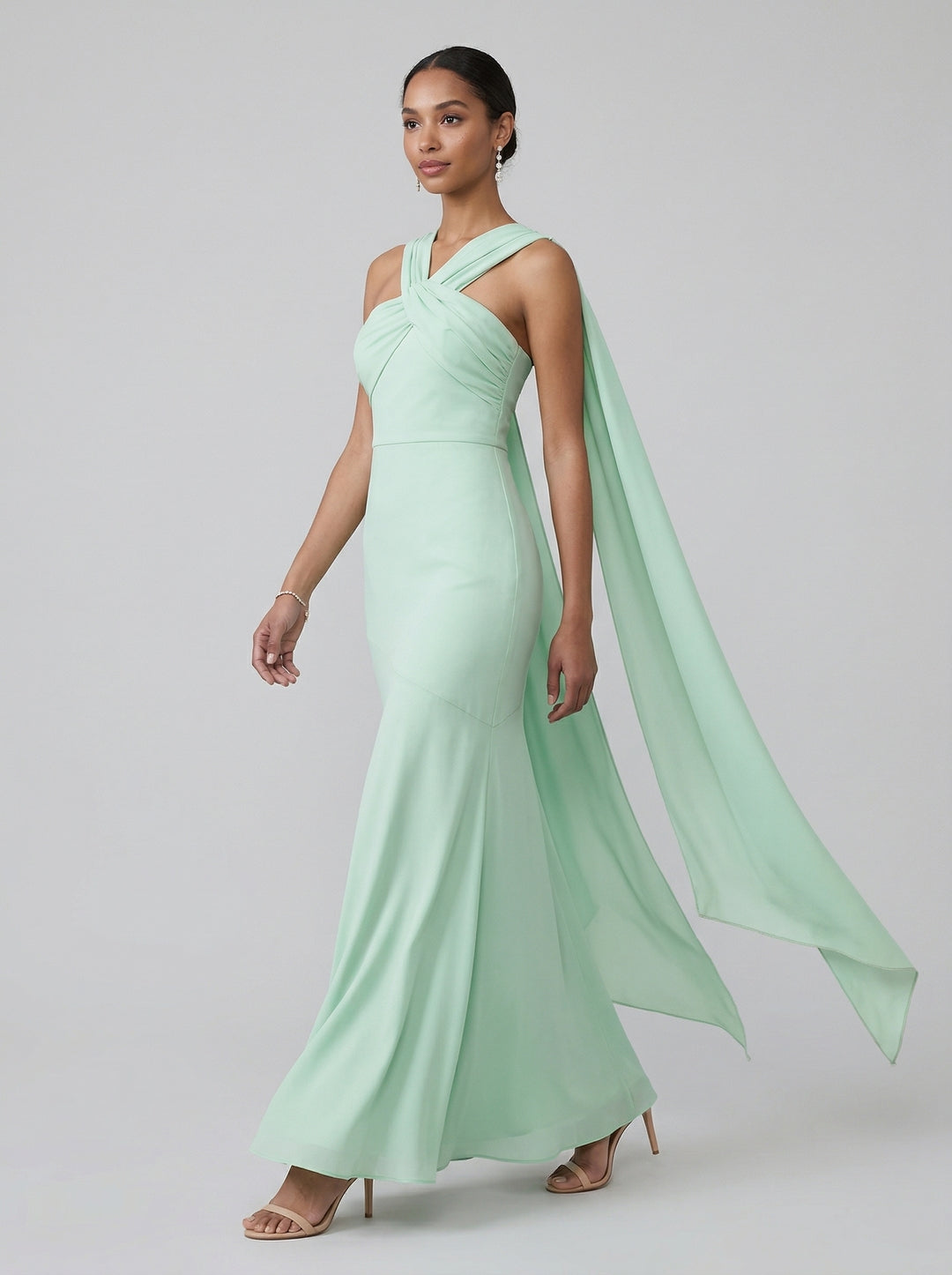 Sexy Mint Green Matte Satin Column Halter Neck Side Zip Ankle-Length Bridesmaid Dress