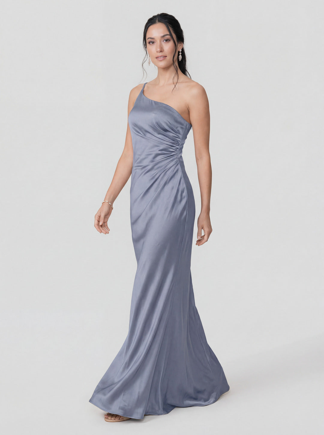 Sexy Dusty Blue Satin Trumpet One Shoulder Backless PleatedDetail Bridesmaid Dress
