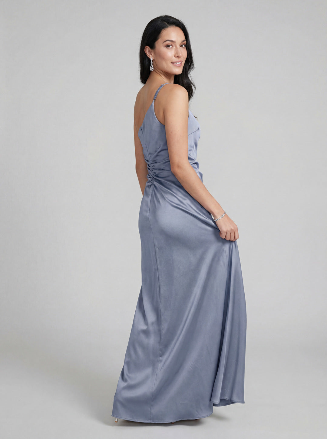 Sexy Dusty Blue Satin Trumpet One Shoulder Backless PleatedDetail Bridesmaid Dress