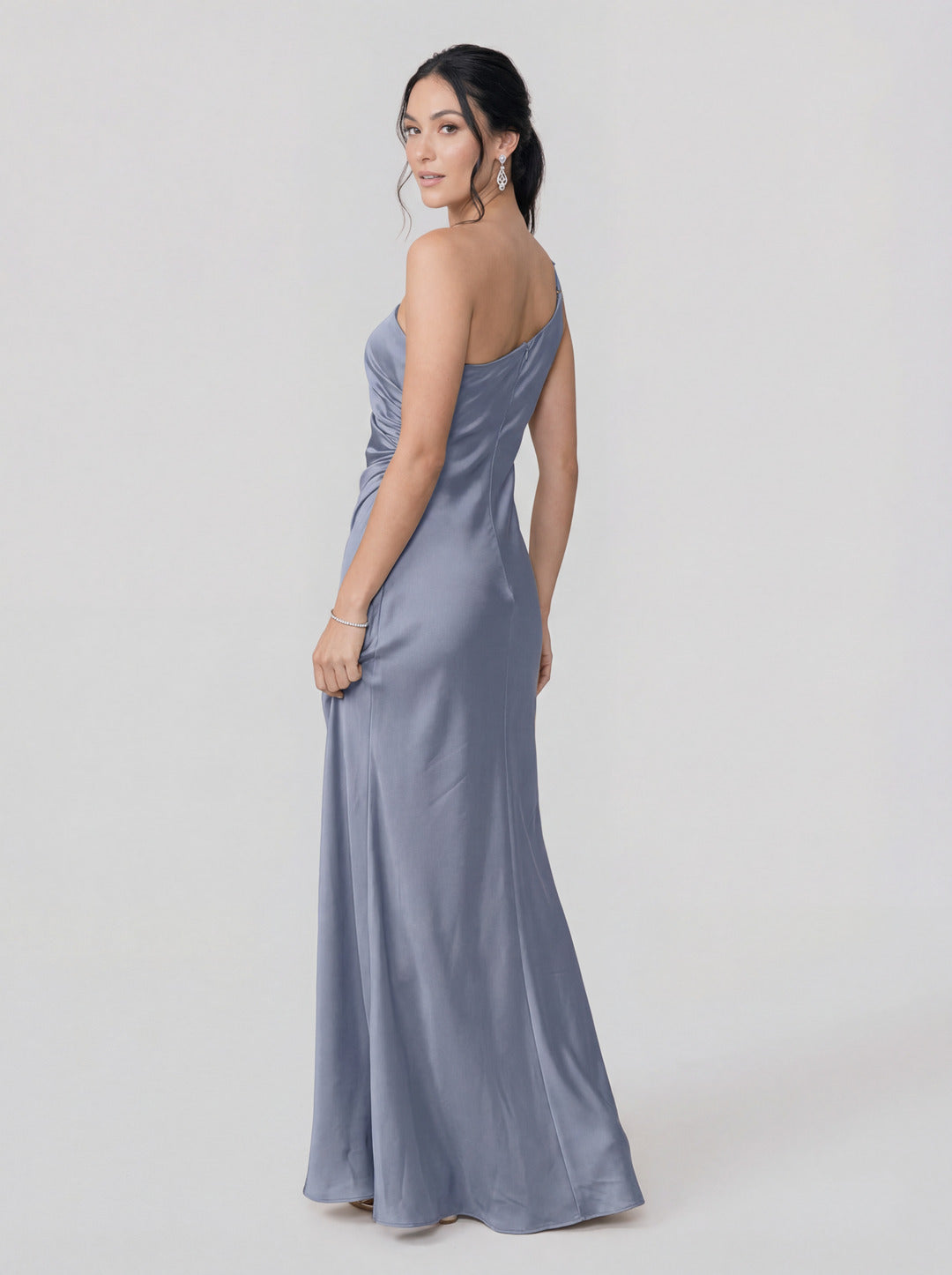 Sexy Dusty Blue Satin Trumpet One Shoulder Backless PleatedDetail Bridesmaid Dress