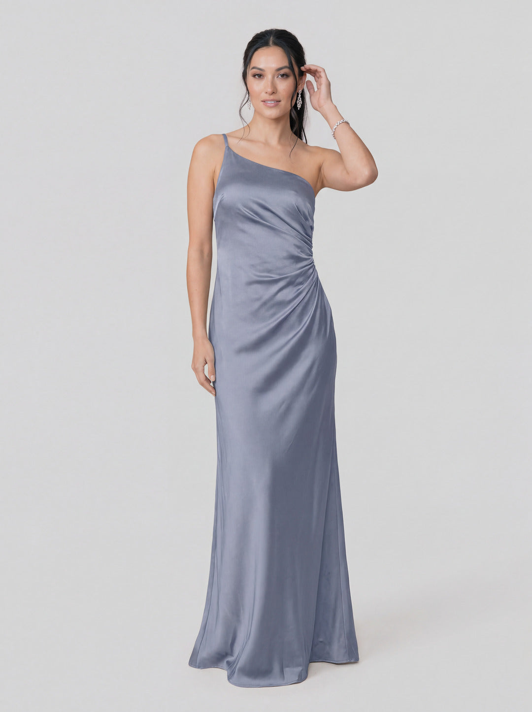 Sexy Dusty Blue Satin Trumpet One Shoulder Backless PleatedDetail Bridesmaid Dress