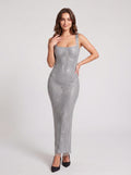Silver Rhinestone Mesh Sheath Square Neck Backless Floor-Length Dress