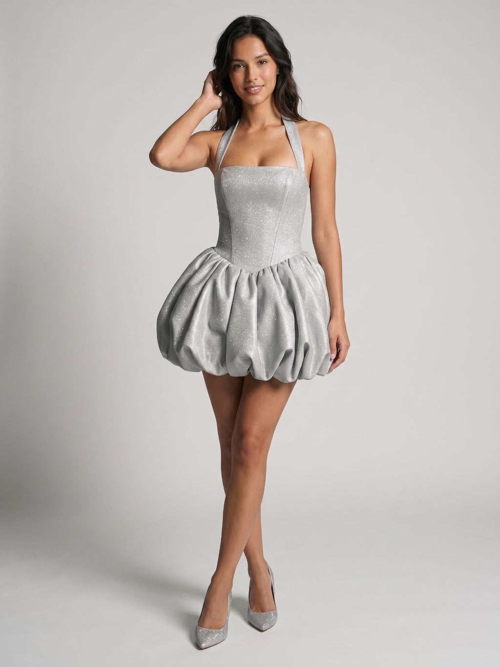 Silver Satin A-Line Halter Neckline Lace-Up Back Short Homecoming Dress with Sequins