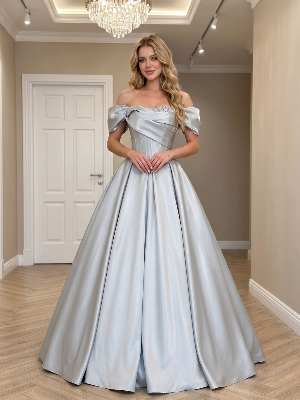Silver Satin A-Line Off-the-Shoulder Lace-up Floor-Length Dress
