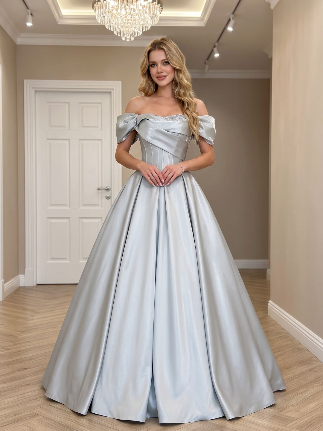 Silver Satin A-Line Off-the-Shoulder Lace-up Floor-Length Dress