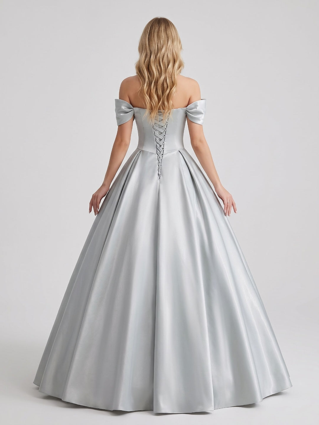 Silver Satin A-Line Off-the-Shoulder Lace-up Floor-Length Dress