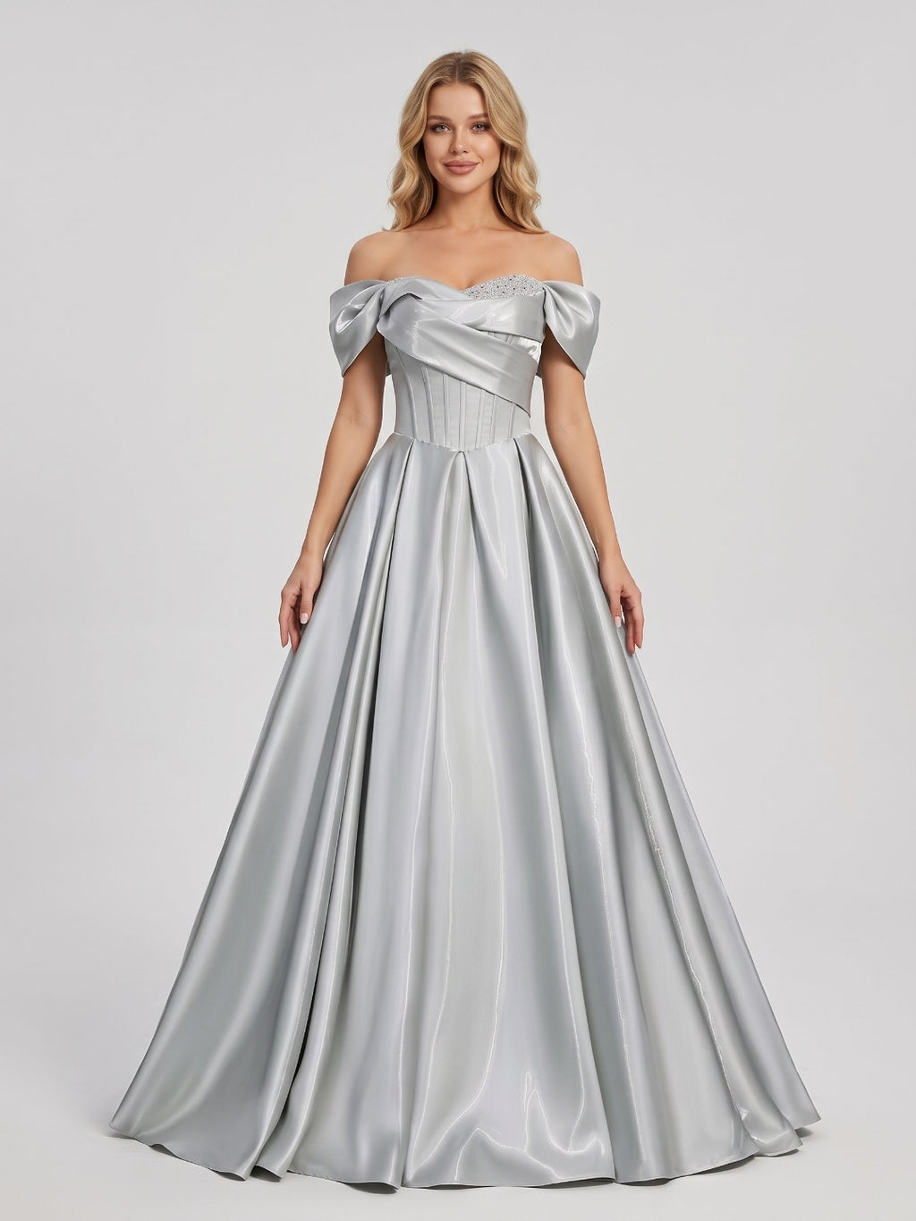 Silver Satin A-Line Off-the-Shoulder Lace-up Floor-Length Dress