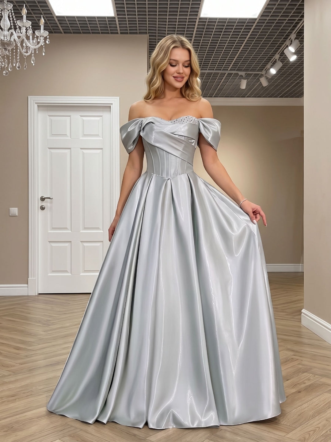 Silver Satin A-Line Off-the-Shoulder Lace-up Floor-Length Dress