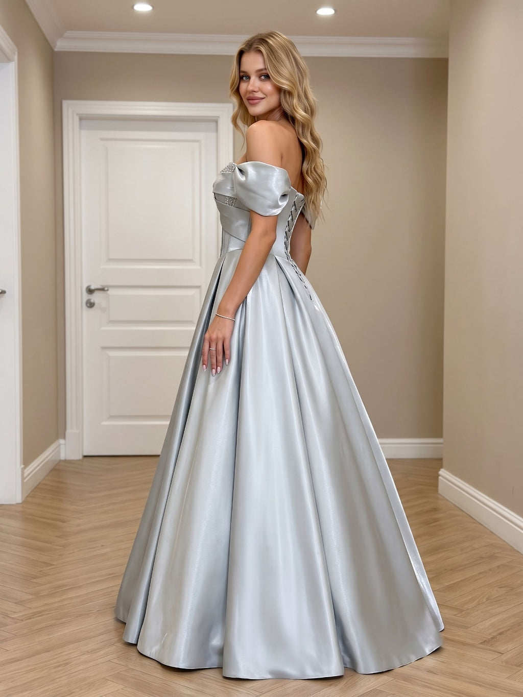 Silver Satin A-Line Off-the-Shoulder Lace-up Floor-Length Dress