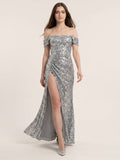Silver Sequins Mermaid Off-the-Shoulder Corset Back Floor-Length Prom Dress