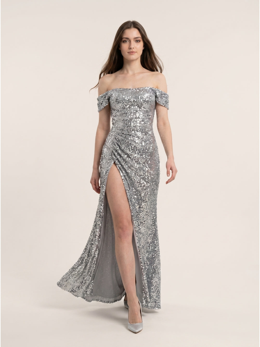 Silver Sequins Mermaid Off-the-Shoulder Corset Back Floor-Length Prom Dress