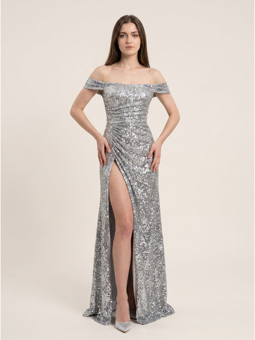 Silver Sequins Mermaid Off-the-Shoulder Corset Back Floor-Length Prom Dress