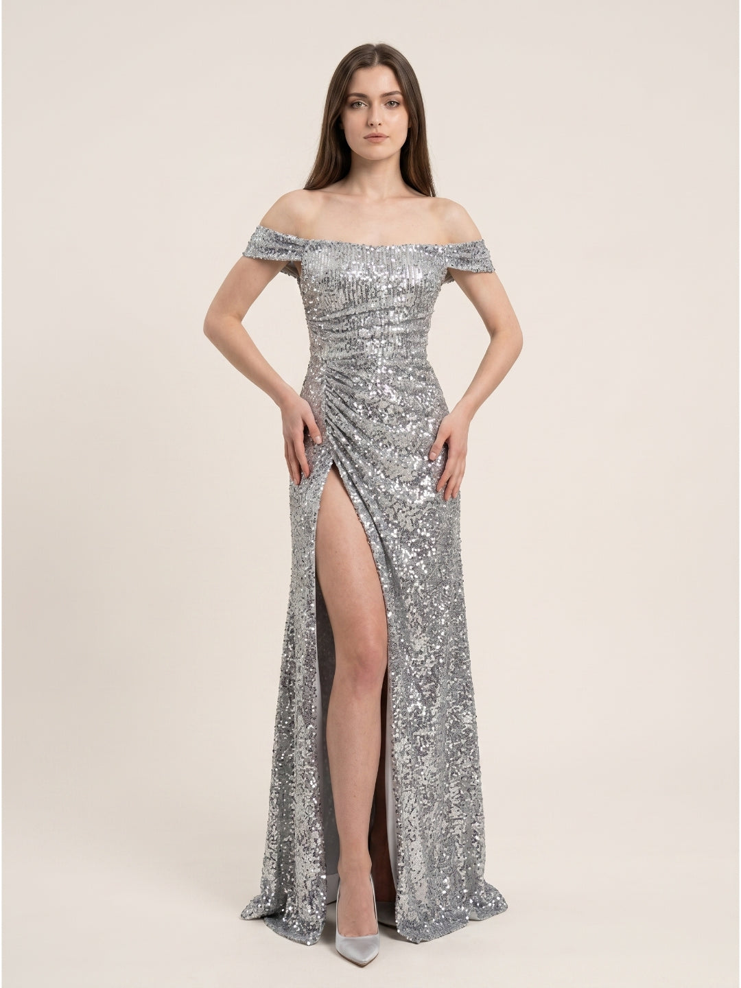 Silver Sequins Mermaid Off-the-Shoulder Corset Back Floor-Length Prom Dress