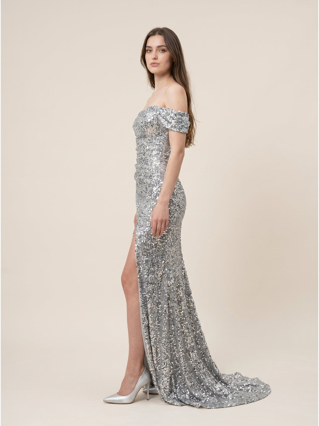 Silver Sequins Mermaid Off-the-Shoulder Corset Back Floor-Length Prom Dress