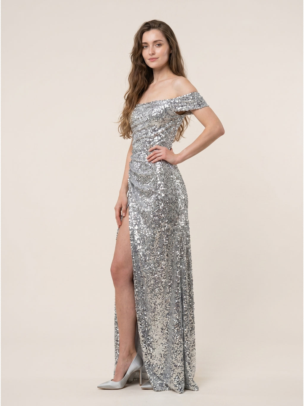 Silver Sequins Mermaid Off-the-Shoulder Corset Back Floor-Length Prom Dress