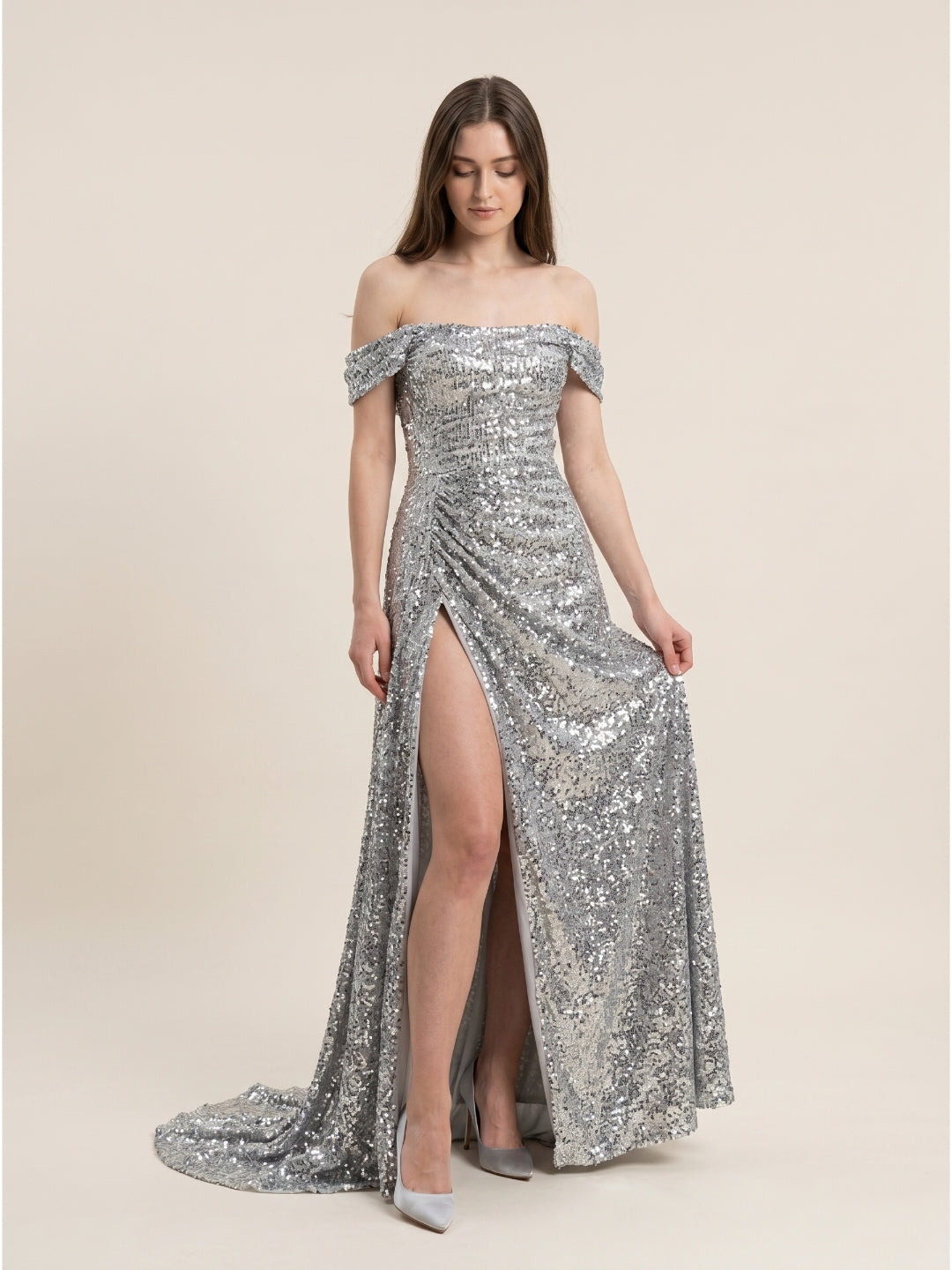Silver Sequins Mermaid Off-the-Shoulder Corset Back Floor-Length Prom Dress