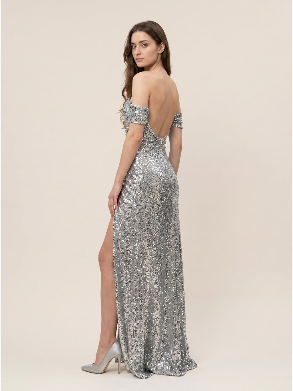 Silver Sequins Mermaid Off-the-Shoulder Corset Back Floor-Length Prom Dress