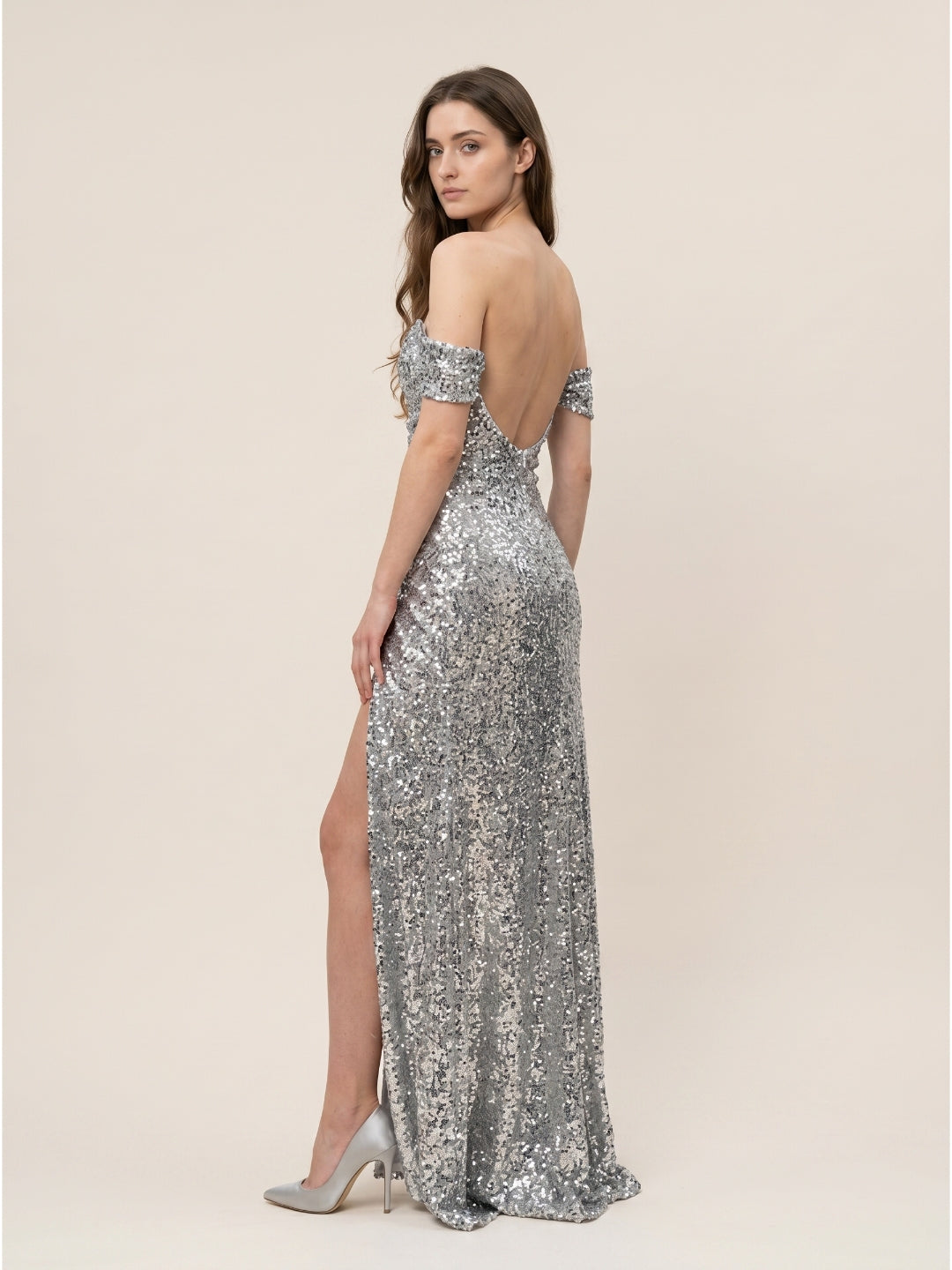 Silver Sequins Mermaid Off-the-Shoulder Corset Back Floor-Length Prom Dress