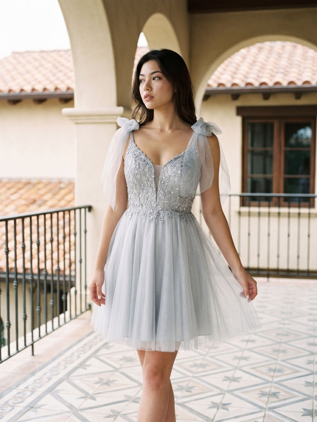 Silver Tulle A-Line V-Neck V-Back Short Dress with Sequins
