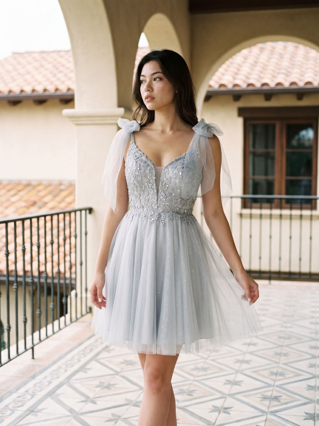 Silver Tulle A-Line V-Neck V-Back Short Dress with Sequins