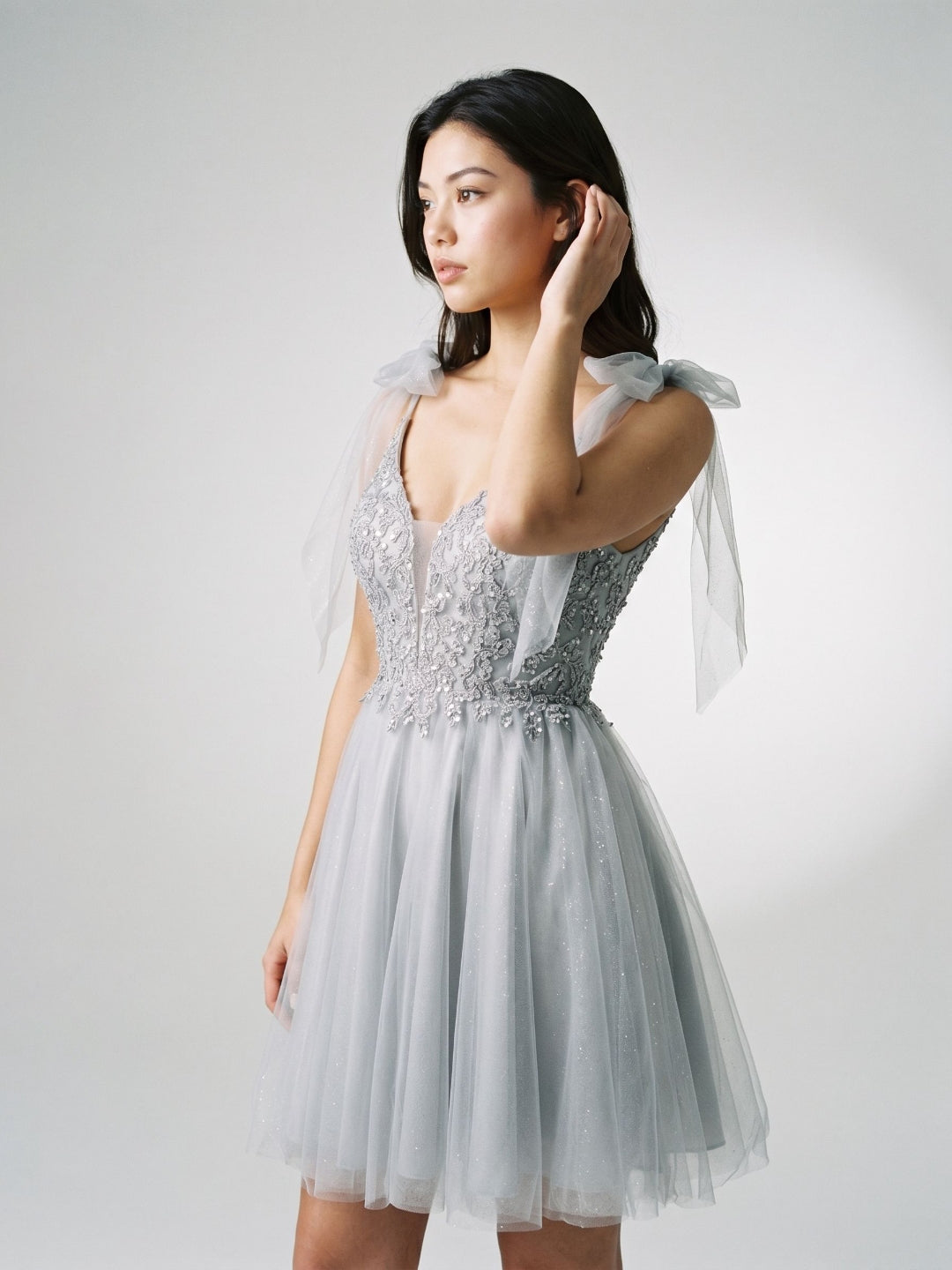 Silver Tulle A-Line V-Neck V-Back Short Dress with Sequins