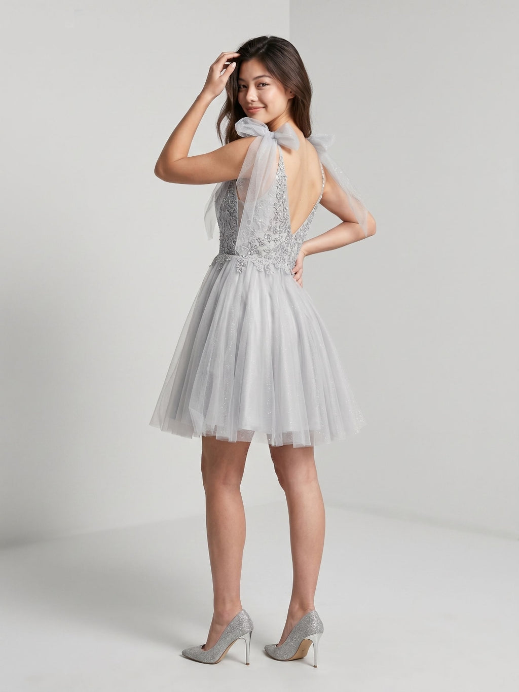 Silver Tulle A-Line V-Neck V-Back Short Dress with Sequins