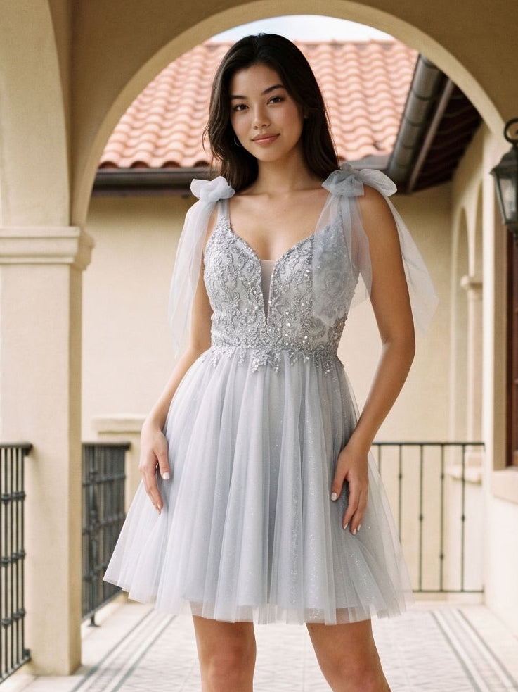 Silver Tulle A-Line V-Neck V-Back Short Dress with Sequins