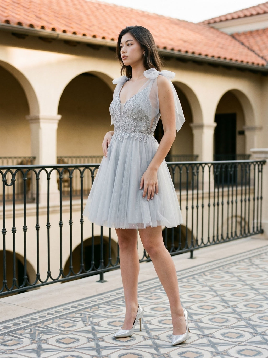 Silver Tulle A-Line V-Neck V-Back Short Dress with Sequins