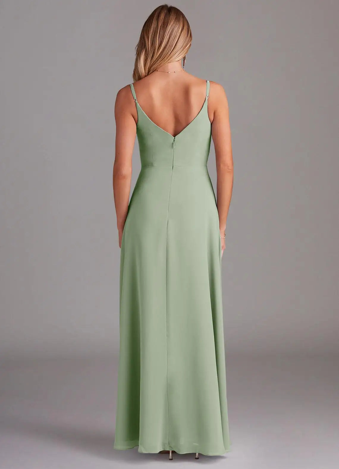 Simple A-Line Chiffon V Neck Spaghetti Strap Zipper Back Floor Length Bridesmaid Dress