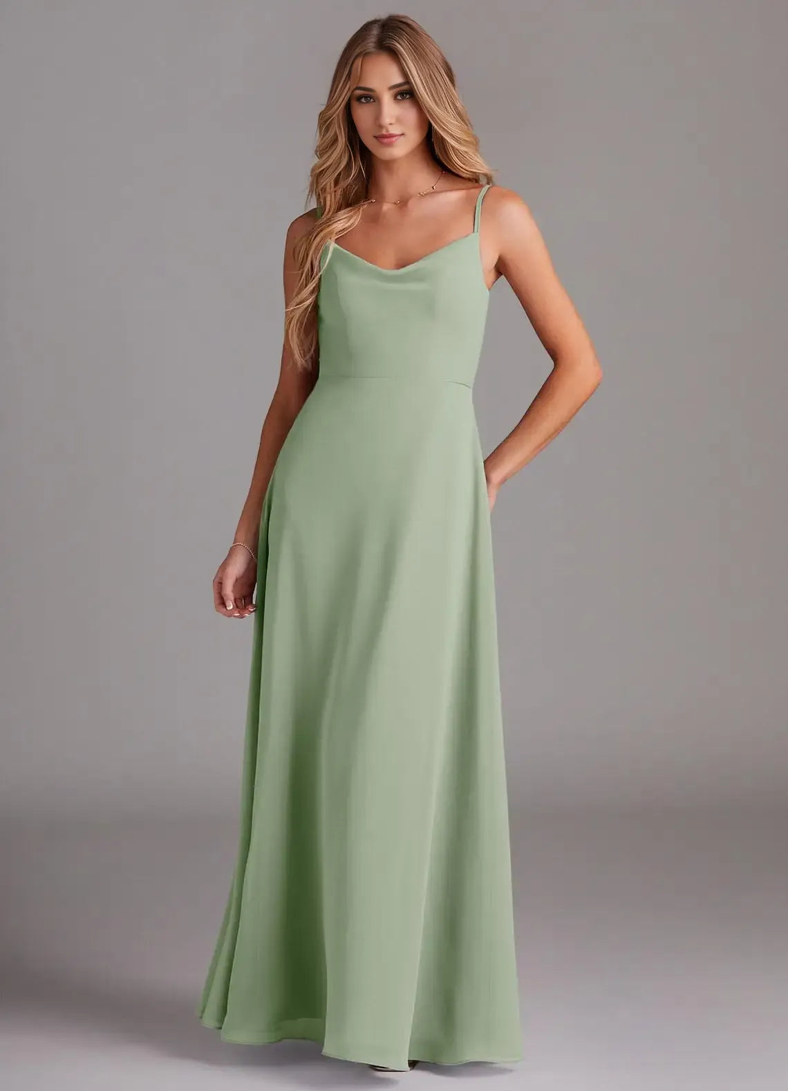 Simple A-Line Chiffon V Neck Spaghetti Strap Zipper Back Floor Length Bridesmaid Dress
