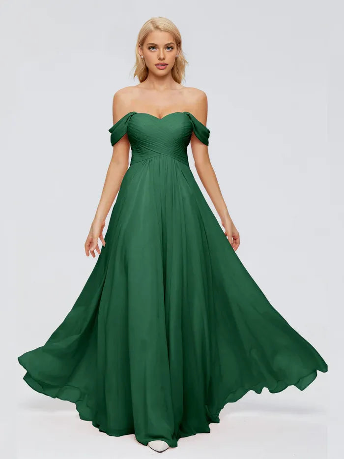 Simple A-Line Off-The-Shoulder Sleeveless Chiffon Pleated Floor-Length Bridesmaid Dress